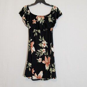 ABSOLUTE ANGEL Black/Pink Floral Off-Shoulder w Ruffle Short Flared Dress Size M